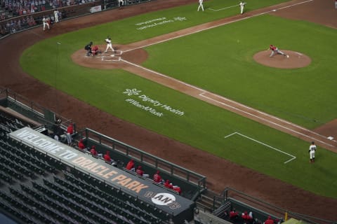 August 20, 2020; San Francisco, California, USA; SF Giants catcher Joey Bart (77) bats against Los Angeles Angels pitcher Matt Andriese (35) during the second inning at Oracle Park. (Kyle Terada-USA TODAY Sports)