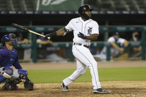 Aug 24, 2020; Detroit, Michigan, USA; Detroit Tigers left fielder Christin Stewart (14) pops out during the ninth inning against the Chicago Cubs at Comerica Park. (Raj Mehta-USA TODAY Sports)