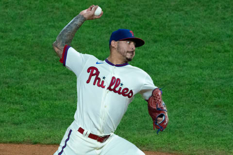 Philadelphia Phillies starting pitcher Vince Velasquez (21) pitches during the first inning against the Boston Red Sox at Citizens Bank Park. Could he be in an SF Giants uniform next season? (Bill Streicher-USA TODAY Sports)