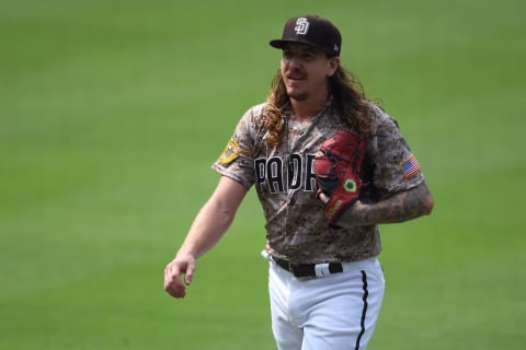 San Diego Padres starting pitcher Mike Clevinger (52) walks to the dugout during the middle of the sixth inning against the SF Giants at Petco Park. (Orlando Ramirez-USA TODAY Sports)