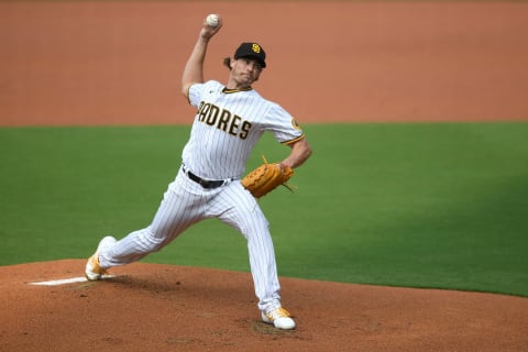 San Diego Padres starting pitcher Garrett Richards (43) pitches during the first inning against the SF Giants at Petco Park. (Orlando Ramirez-USA TODAY Sports)