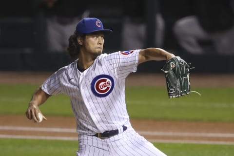 Chicago Cubs starting pitcher Yu Darvish (11) delivers against the Cleveland Baseball Team during the first inning at Wrigley Field. (Kamil Krzaczynski-USA TODAY Sports)