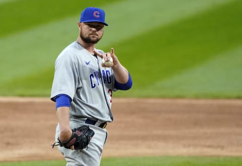 Chicago Cubs starting pitcher Jon Lester (34) reacts against the Chicago White Sox during the first inning at Guaranteed Rate Field. One report suggests he could be pitching for the SF Giants at Oracle Park next season. (Mike Dinovo-USA TODAY Sports)