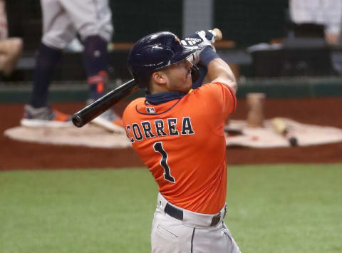 Houston Astros shortstop Carlos Correa (1) hits a home run during the fourth inning against the Texas Rangers at Globe Life Field. Could the SF Giants try to acquire Correa in the coming year? (Kevin Jairaj-USA TODAY Sports)