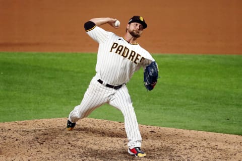 San Diego Padres relief pitcher Trevor Rosenthal (47), the eleventh pitcher for the team in the game, pitches against the Los Angeles Dodgers during the ninth inning during game three of the 2020 NLDS at Globe Life Field. (Kevin Jairaj-USA TODAY Sports)