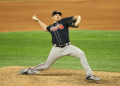 Atlanta Braves closer Mark Melancon (36), acquired from the SF Giants last July, pitches during the ninth inning against the Los Angeles Dodgers in game two of the 2020 NLCS at Globe Life Field. (Kevin Jairaj-USA TODAY Sports)