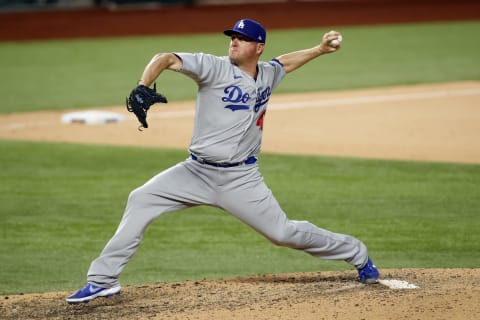 Los Angeles Dodgers relief pitcher Jake McGee (41) throws against Atlanta during the eighth inning of game four of the 2020 NLCS at Globe Life Field. McGee signed with the SF Giants on on Tuesday. (Tim Heitman-USA TODAY Sports)