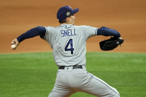 Tampa Bay Rays starting pitcher Blake Snell (4) delivers a pitch in the 1st inning against the Los Angeles Dodgers in game two of the 2020 World Series at Globe Life Field. (Kevin Jairaj-USA TODAY Sports)