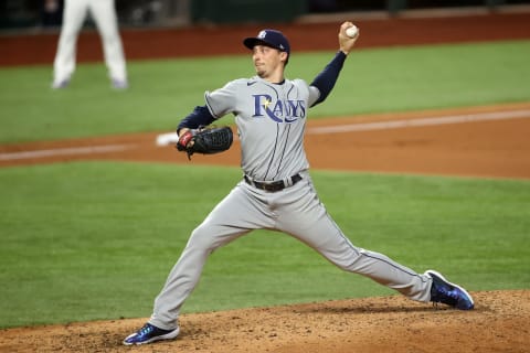 Tampa Bay Rays starting pitcher Blake Snell (4) delivers a pitch in the 5th inning against the Los Angeles Dodgers in game two of the 2020 World Series at Globe Life Field. (Tim Heitman-USA TODAY Sports)