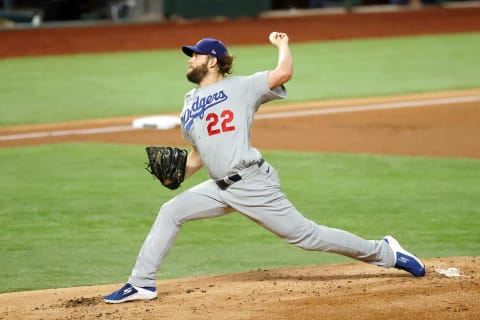 Los Angeles Dodgers starting pitcher Clayton Kershaw (22) against the Tampa Bay Rays during the first inning of Game 5 of the 2020 World Series at Globe Life Field. (Kevin Jairaj-USA TODAY Sports)