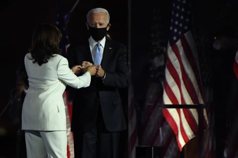 Nov 7, 2020; Wilmington, DE, USA; President-elect Joe Biden and vice president-elect Kamala Harris speak to supporters at an event held outside of the Chase Center. Biden defeated President Donald Trump to become 46th president of the United States. (Robert Deutsch-USA TODAY)