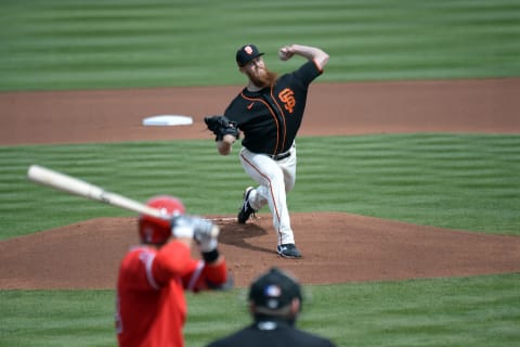 SF Giants starting pitcher Conner Menez (top) pitches against the Los Angeles Angels during the first inning at Scottsdale Stadium. (Joe Camporeale-USA TODAY Sports)