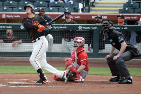 SF Giants’ second baseman Wilmer Flores (41) bats against the Los Angeles Angels in San Francisco’s first game of Spring Training during the first inning at Scottsdale Stadium. (Joe Camporeale-USA TODAY Sports)