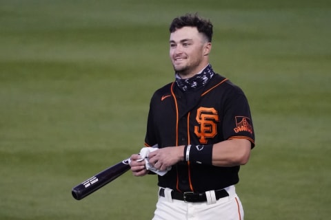 SF Giants Hunter Bishop gets ready for a spring training game against the Los Angeles Dodgers at Scottsdale Stadium. (Rick Scuteri-USA TODAY Sports)