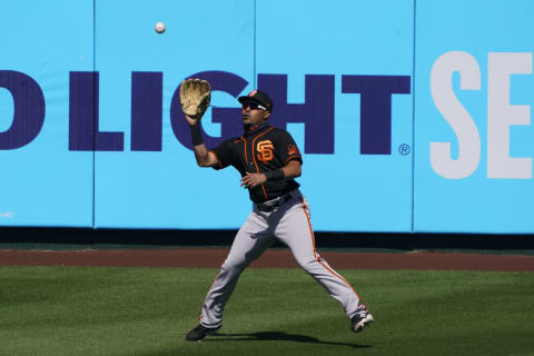 Mar 11, 2021; Tempe, Arizona, USA; SF Giants center fielder LaMonte Wade Jr. (31) makes the catch against the Los Angeles Angels during a spring training game at Tempe Diablo Stadium. (Rick Scuteri-USA TODAY Sports)