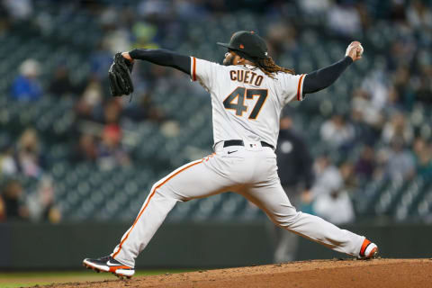 SF Giants starting pitcher Johnny Cueto (47) throws against the Seattle Mariners during the second inning at T-Mobile Park. (Joe Nicholson-USA TODAY Sports)