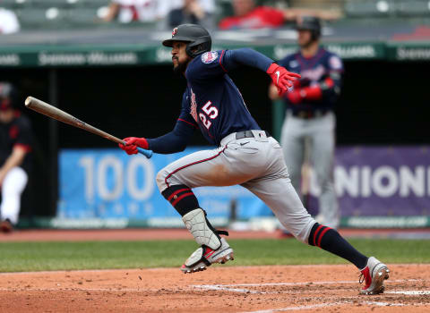 Minnesota Twins Byron Buxton (25) hits a single in the sixth inning against the Cleveland Baseball Team at Progressive Field. (Aaron Josefczyk-USA TODAY Sports)