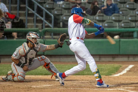 Stockton Ports’ Lawrence Butler makes contact during a California League baseball game against the San Jose Giants at the Stockton Ballpark in downtown Stockton. (CLIFFORD OTO/THE STOCKTON RECORD)