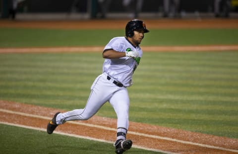 Eugene Emeralds Franklin Labour runs the bases after a hit against the Hops in their first home game of the 2021 season at PK Park in Eugene. Eugene is the SF Giants High-A affiliate.