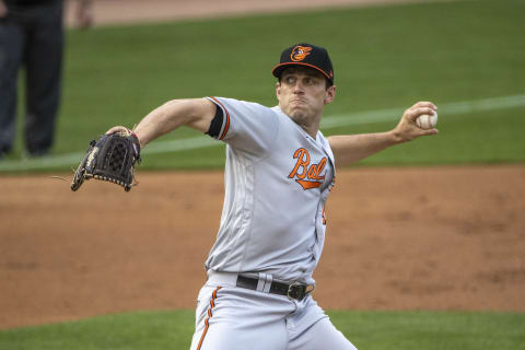 May 24, 2021; Minneapolis, Minnesota, USA; Baltimore Orioles starting pitcher John Means (47) delivers a pitch in the first inning against the Minnesota Twins at Target Field. (Jesse Johnson-USA TODAY Sports)