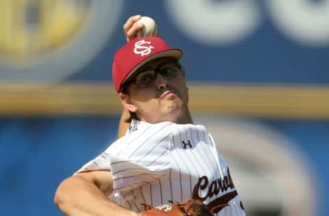 South Carolina pitcher Julian Bosnic (18) delivers a pitch in relief against Alabama during the SEC Tournament Tuesday, May 25, 2021, in the Hoover Met in Hoover, Alabama. [Staff Photo/Gary Cosby Jr.] Bosnic was drafted by the SF Giants.