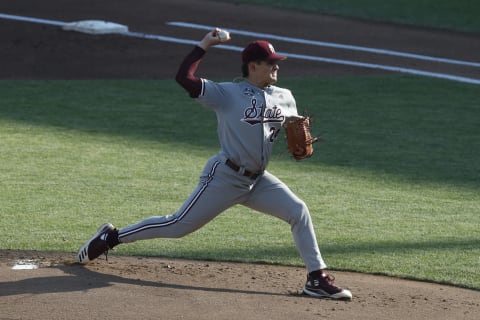 Jun 20, 2021; Omaha, Nebraska, USA; Mississippi State Bulldogs pitcher Will Bednar (24) throws against the Texas Longhorns at TD Ameritrade Park. (Bruce Thorson-USA TODAY Sports)