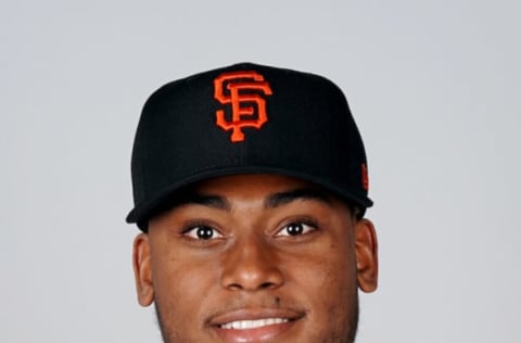 Mar 1, 2021; Scottsdale, AZ, USA; SF Giants Alexander Canario #74 poses during media day at Scottsdale Stadium. Mandatory Credit: MLB photos via USA TODAY Sports