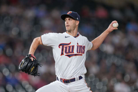 Jun 24, 2021; Minneapolis, Minnesota, USA; Minnesota Twins relief pitcher Taylor Rogers (55) throws a pitch against the Cleveland Baseball Team during the eighth inning at Target Field. Rogers is the twin brother of Giants reliever Tyler Rogers and could become an intriguing trade target for San Francisco in the coming weeks. (Brad Rempel-USA TODAY Sports)