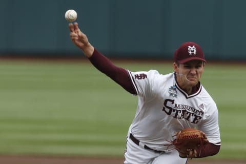 Jun 26, 2021; Omaha, Nebraska, USA; Mississippi State Bulldogs pitcher Will Bednar (24) throws against the Texas Longhorns at TD Ameritrade Park. (Bruce Thorson-USA TODAY Sports)