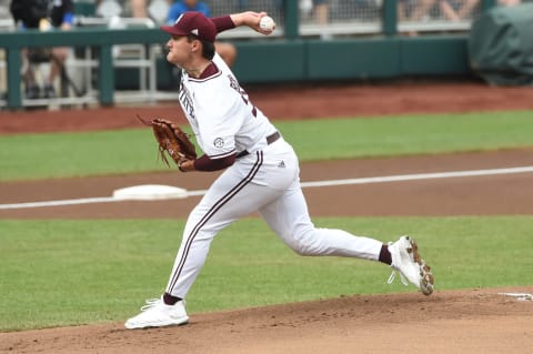 Jun 26, 2021; Omaha, Nebraska, USA; Mississippi State Bulldogs starting pitcher Will Bednar (24) pitches in the first inning against the Texas Longhorns at TD Ameritrade Park. The SF Giants drafted Bednar in the first round of the 2021 MLB draft. (Steven Branscombe-USA TODAY Sports)