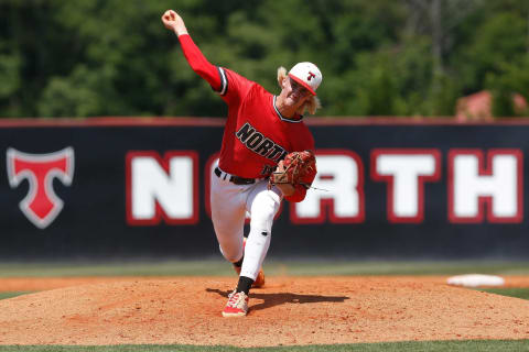 North Oconee’s Bubba Chandler throws a pitch during game one of a GHSA AAAA semifinal between Benedictine and North Oconee in Bogart, Ga., on Saturday, May 15, 2021. Benedictine defeated North Oconee twice in a doubleheader and advances to the state championship game.News Joshua L Jones