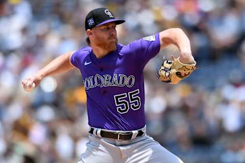 Colorado Rockies starting pitcher Jon Gray (55) throws a pitch against the San Diego Padres during the first inning at Petco Park and will reportedly not be traded to anyone, crossing him off the SF Giants wish list at the MLB trade deadline. (Orlando Ramirez-USA TODAY Sports)