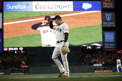 Oct 8, 2021; San Francisco, California, USA; SF Giants starting pitcher Logan Webb (62) walks back to the dugout in the fifth inning against the Los Angeles Dodgers during game one of the 2021 NLDS at Oracle Park. (D. Ross Cameron-USA TODAY Sports)