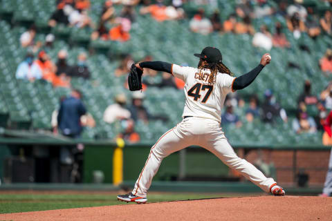 SF Giants starting pitcher Johnny Cueto (47) delivers a pitch against the Cincinnati Reds during the first inning. (Neville E. Guard-USA TODAY Sports)