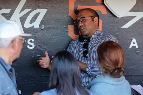 Jul 9, 2021; San Francisco, California, USA; San Francisco Giants president of baseball operations Farhan Zaidi before the game against the Washington Nationals at Oracle Park. (Sergio Estrada-USA TODAY Sports)