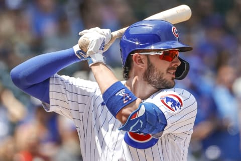 Jul 25, 2021; Chicago, Illinois, USA; Chicago Cubs third baseman Kris Bryant (17) bats against the Arizona Diamondbacks during the first inning at Wrigley Field. (Kamil Krzaczynski-USA TODAY Sports)