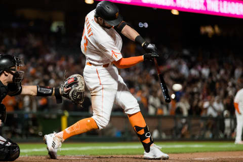 SF Giants third baseman Kris Bryant reaches first base on a fielding error resulting in a walk-off win against the Arizona Diamondbacks in the ninth inning at Oracle Park. (John Hefti-USA TODAY Sports)