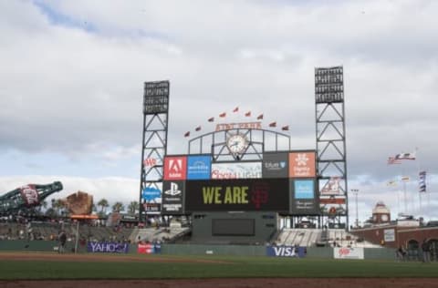 Apr 12, 2017; San Francisco, CA, USA; A general view of AT&T Park as the Arizona Diamond Backs warm up prior to their game against the San Francisco Giants. Mandatory Credit: Andrew Villa-USA TODAY Sports