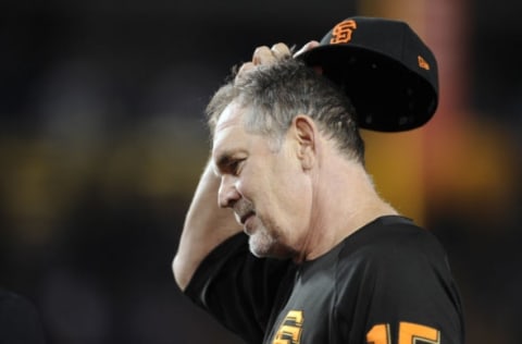 May 2, 2017; Los Angeles, CA, USA; San Francisco Giants manager Bruce Bochy (15) reacts in between innings against the Los Angeles Dodgers at Dodger Stadium. Mandatory Credit: Gary A. Vasquez-USA TODAY Sports