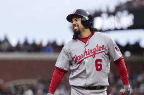 May 30, 2017; San Francisco, CA, USA; Washington Nationals third baseman Anthony Rendon (6) reacts after taking a strike against the San Francisco Giants in the first inning at AT&T Park. Mandatory Credit: John Hefti-USA TODAY Sports