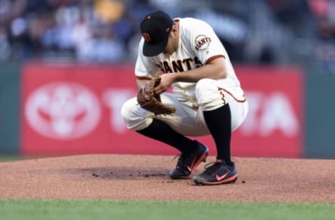 Jun 13, 2017; San Francisco, CA, USA; San Francisco Giants relief pitcher Ty Blach (50) prepares for the pitch against the Kansas City Royals in the first inning at AT&T Park. Mandatory Credit: John Hefti-USA TODAY Sports