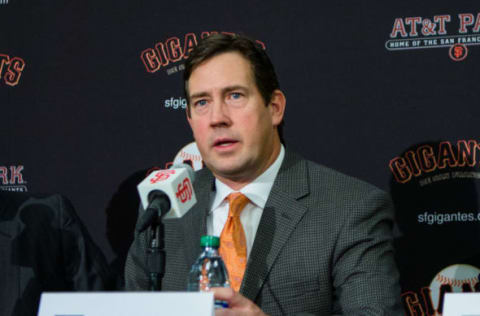 Dec 17, 2015; San Francisco, CA, USA; San Francisco Giants senior vice president and general manager Bobby Evans announces the signing of pitcher Johnny Cueto at a press conference at AT&T Park. Mandatory Credit: John Hefti-USA TODAY Sports