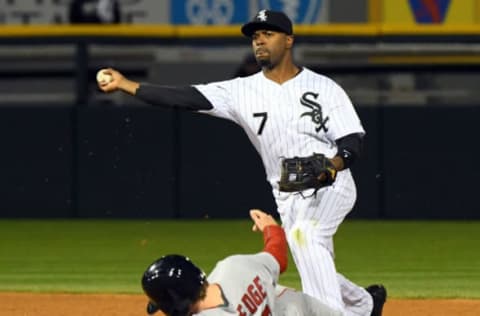 May 4, 2016; Chicago, IL, USA; Chicago White Sox shortstop Jimmy Rollins (7) gets the force out against Boston Red Sox second baseman Josh Rutledge (32) during the fourth inning at U.S. Cellular Field. Mandatory Credit: Mike DiNovo-USA TODAY Sports