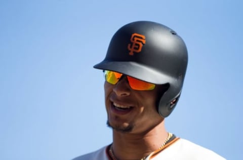 Aug 31, 2016; San Francisco, CA, USA; San Francisco Giants center fielder Gorkys Hernandez (66) as a call is reviewed against the Arizona Diamondbacks during the eighth inning at AT&T Park. Mandatory Credit: Kelley L Cox-USA TODAY Sports