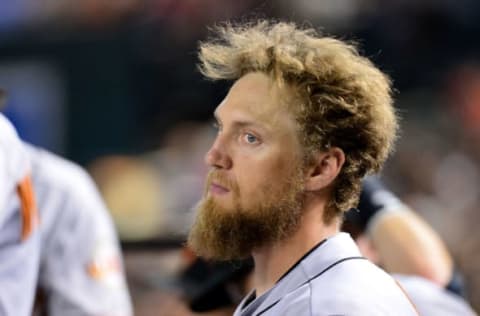 Sep 9, 2016; Phoenix, AZ, USA; San Francisco Giants outfielder Hunter Pence (8) looks on from the bench during the game against the Arizona Diamondbacks at Chase Field. Mandatory Credit: Jennifer Stewart-USA TODAY Sports