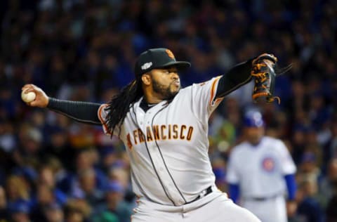 Oct 7, 2016; Chicago, IL, USA; San Francisco Giants starting pitcher Johnny Cueto (47) pitches against the Chicago Cubs during the first inning during game one of the 2016 NLDS playoff baseball series at Wrigley Field. Mandatory Credit: Jerry Lai-USA TODAY Sports