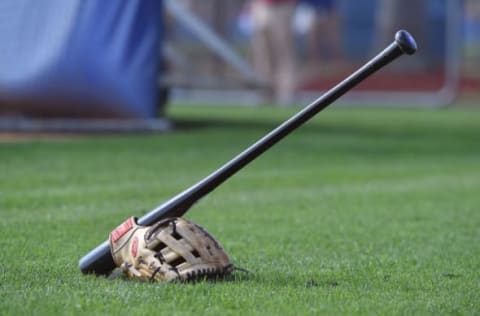 Feb 14, 2017; Port St. Lucie, FL, USA; a general view of a baseball bat and glove on the field during New York Mets spring training workouts at Tradition Field. Mandatory Credit: Jasen Vinlove-USA TODAY Sports