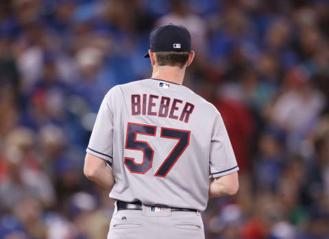 Shane Bieber #57 of the Cleveland Indians (Photo by Tom Szczerbowski/Getty Images)