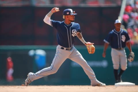 MEXICO CITY, MEXICO – MARCH 24: Gabriel Arias of San Diego Padres throws the ball to first base in the 4th inning during the friendly game between San Diego Padres and Diablos Rojos at Alfredo Harp Helu Stadium on March 24, 2019 in Mexico City, Mexico. (Photo by Hector Vivas/Getty Images)