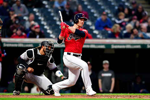 CLEVELAND, OHIO – APRIL 23: Jake Bauers #10 of the Cleveland Indians at bat during the seventh inning against the Miami Marlins at Progressive Field on April 23, 2019 in Cleveland, Ohio. (Photo by Jason Miller/Getty Images)